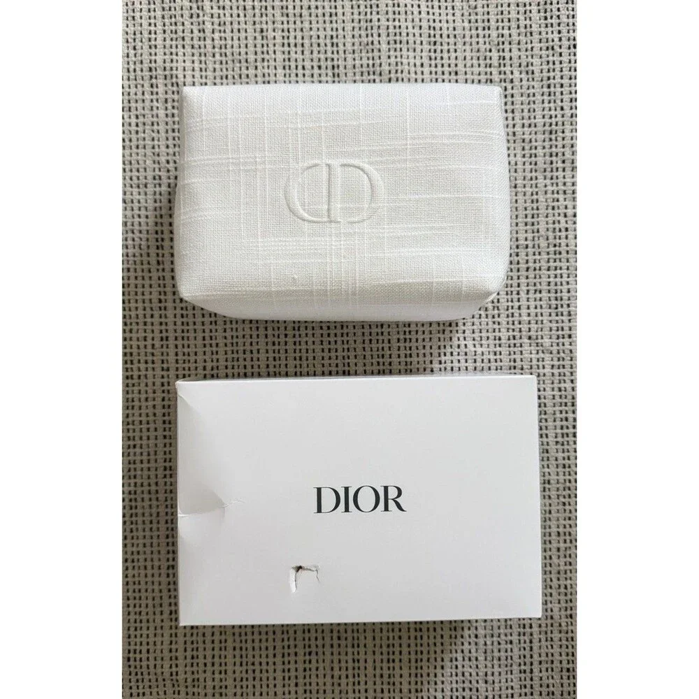 Dior White Quilted Zipper Cosmetic Makeup Bag Pouch CD Logo with Dior Box